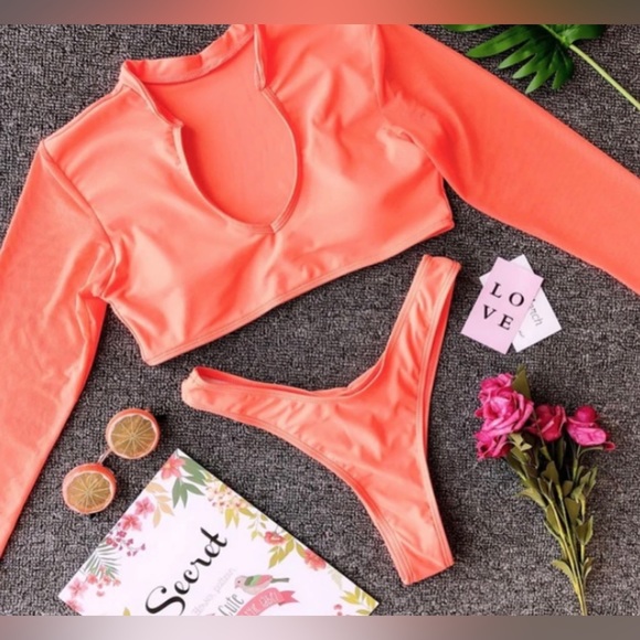 Orange mesh long sleeve cheeky bikini - Picture 1 of 2